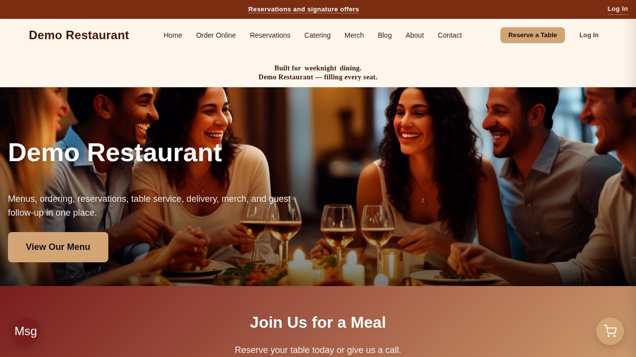 The home page of a live restaurant site built on LuperIQ, with a menu link and a reserve-a-table button