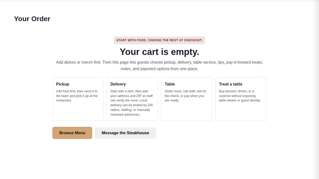 The order page showing four fulfilment paths: pickup, delivery, table and treat a table