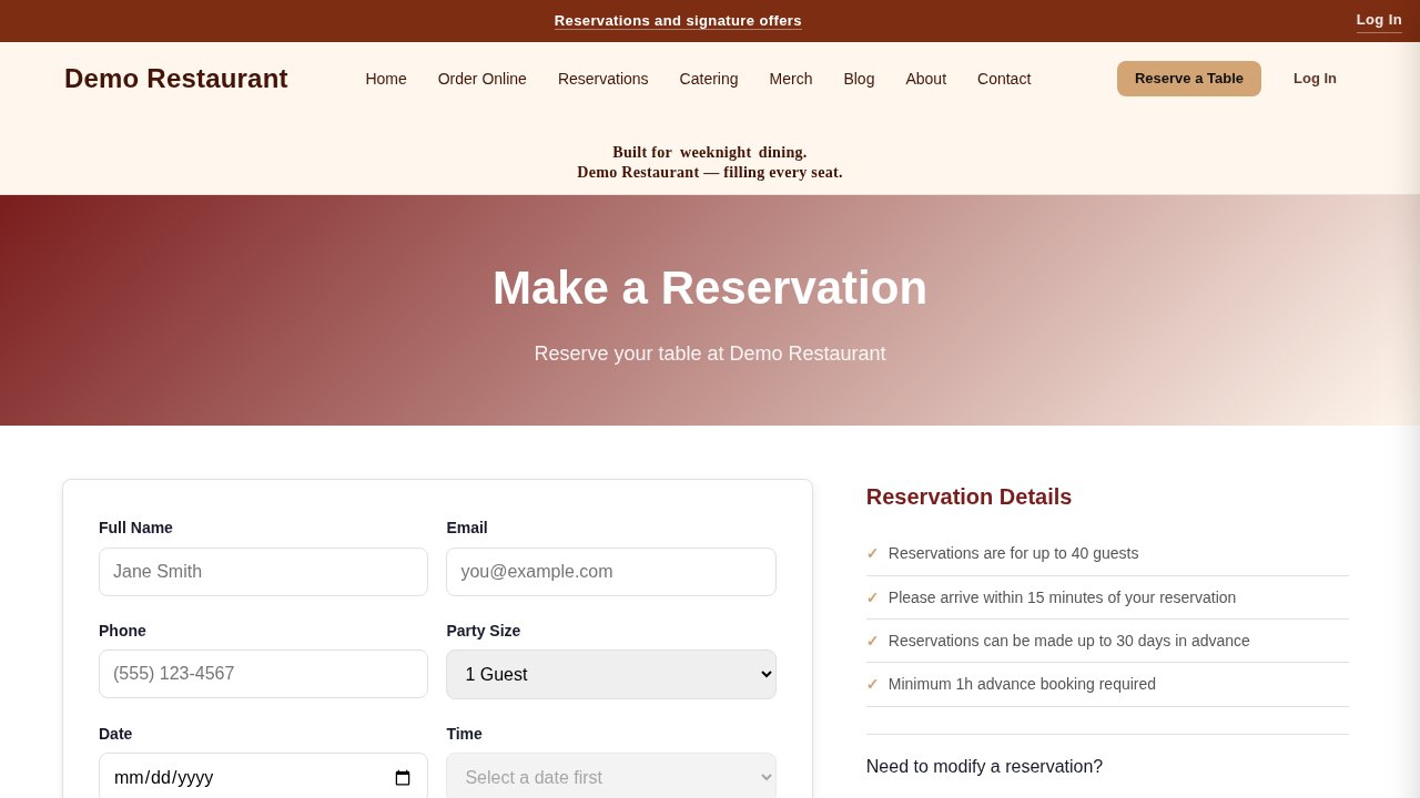 A reservation form with party size, date and time slots, beside the restaurant's booking rules